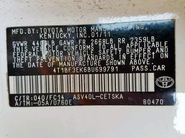 4T1BF3EK6BU699791 - 2011 TOYOTA CAMRY BASE WHITE photo 10