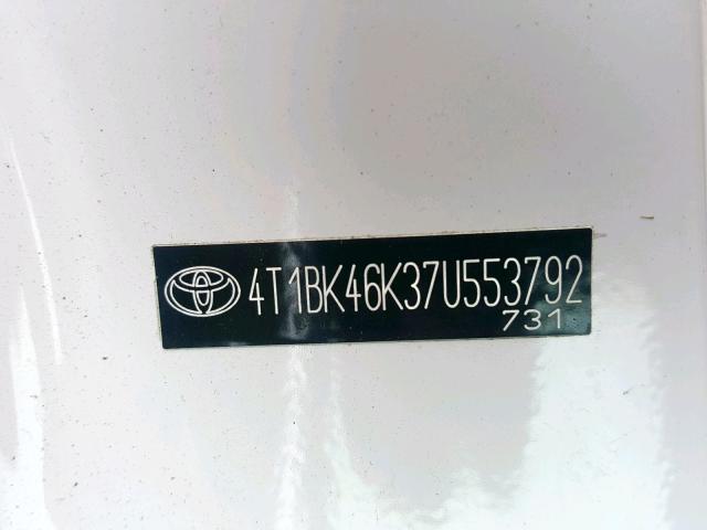 4T1BK46K37U553792 - 2007 TOYOTA CAMRY NEW WHITE photo 10