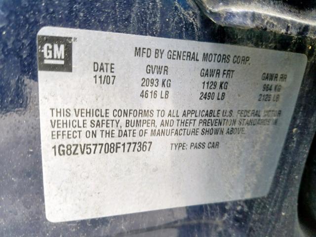 1G8ZV57708F177367 - 2008 SATURN AURA XR BLUE photo 10