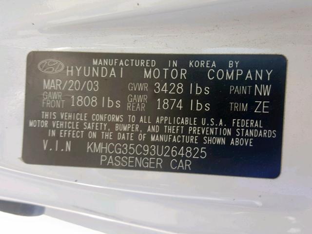 KMHCG35C93U264825 - 2003 HYUNDAI ACCENT GL WHITE photo 10