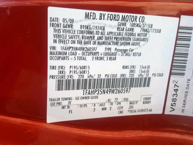 1FAHP35N49W260597 - 2009 FORD FOCUS SE RED photo 10