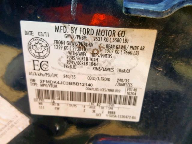 2FMDK4JC3BBB12140 - 2011 FORD EDGE SEL BLUE photo 10