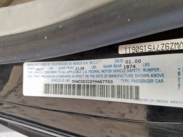 3VWCD21C2YM467769 - 2000 VOLKSWAGEN NEW BEETLE შავი ფოტო 10