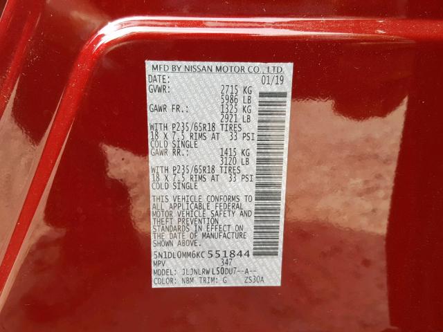 5N1DL0MM6KC551844 - 2019 INFINITI QX60 LUXE RED photo 10