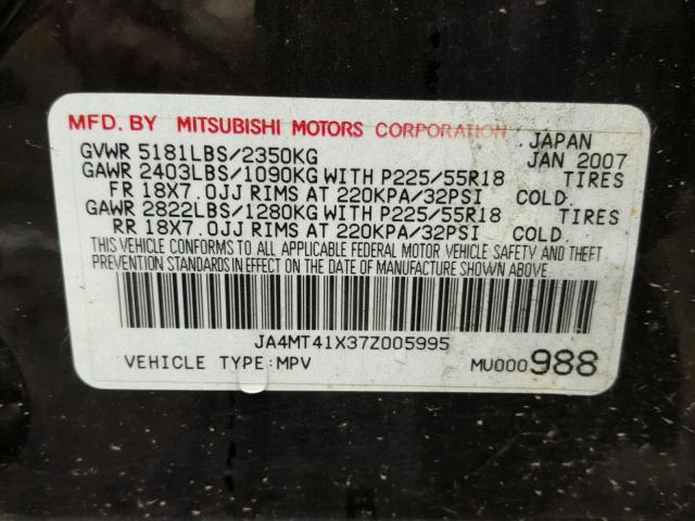 JA4MT41X37Z005995 - 2007 MITSUBISHI OUTLANDER BLACK photo 10