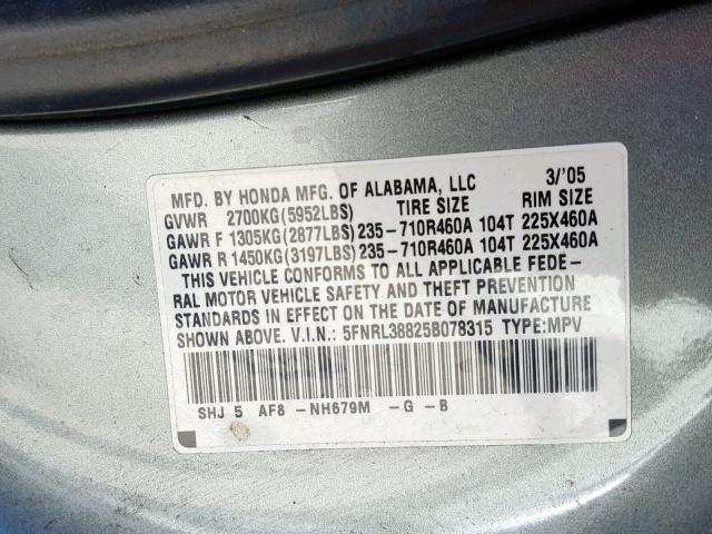 5FNRL38825B078315 - 2005 HONDA ODYSSEY TO GRAY photo 10