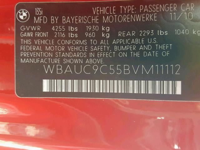 WBAUC9C55BVM11112 - 2011 BMW 135 I RED photo 10