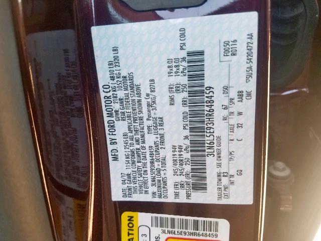 3LN6L5E93HR648459 - 2017 LINCOLN MKZ RESERV MAROON photo 10