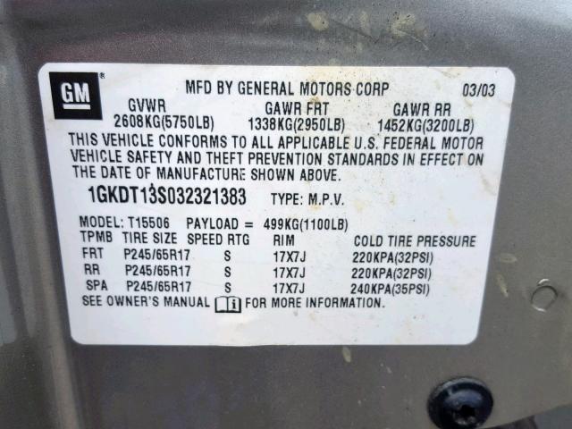 1GKDT13S032321383 - 2003 GMC ENVOY GRAY photo 10