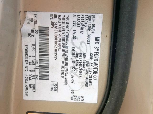 5LMEU88H85ZJ03939 - 2005 LINCOLN AVIATOR 棕色 照片 10