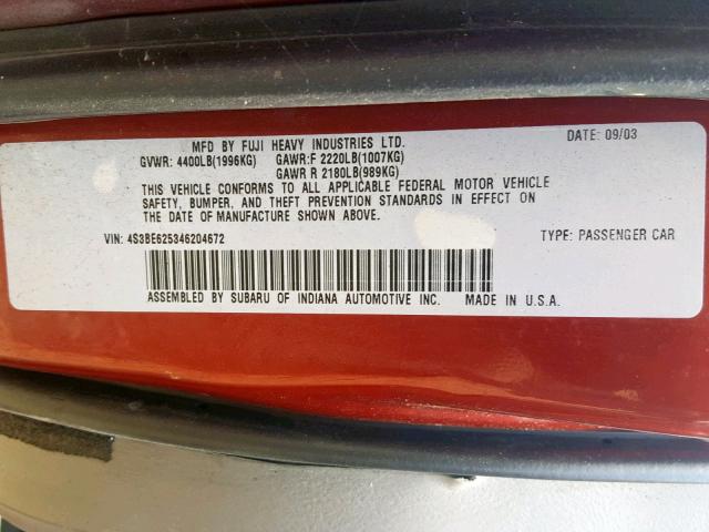 4S3BE625346204672 - 2004 SUBARU LEGACY L S RED photo 10