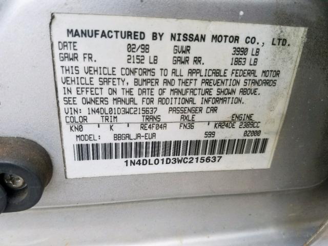 1N4DL01D3WC215637 - 1998 NISSAN ALTIMA XE SILVER photo 10