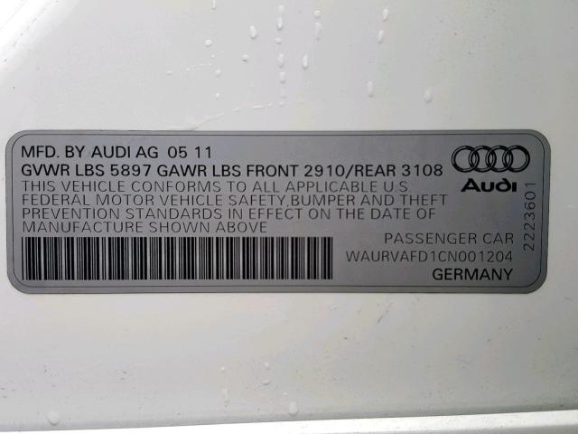 WAURVAFD1CN001204 - 2012 AUDI A8 L QUATT WHITE photo 10