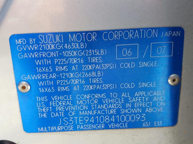 JS3TE941084100093 - 2008 SUZUKI GRAND VITA SILVER photo 10