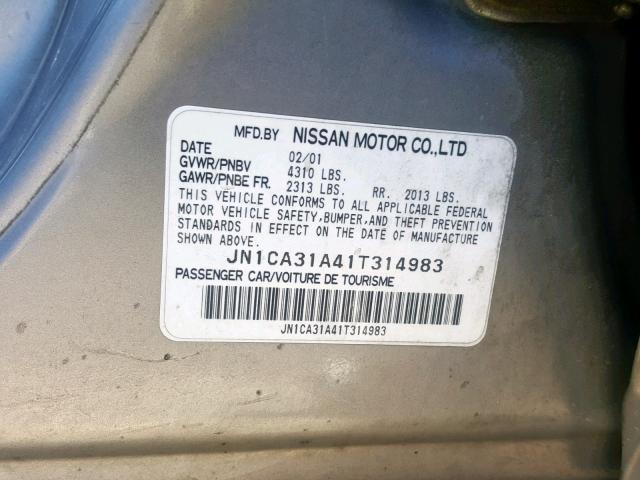 JN1CA31A41T314983 - 2001 NISSAN MAXIMA GXE GRAY photo 10