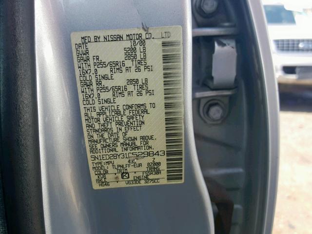 5N1ED28Y31C529843 - 2001 NISSAN XTERRA XE SILVER photo 10