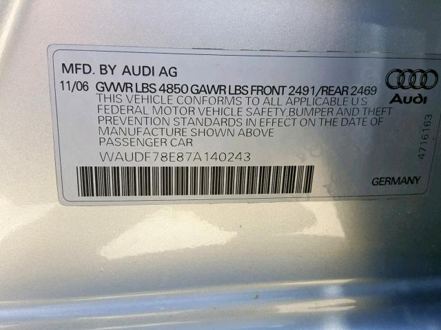 WAUDF78E87A140243 - 2007 AUDI A4 2.0T QU SILVER photo 10