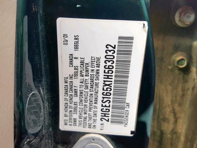 2HGES165X1H563032 - 2001 HONDA CIVIC LX GREEN photo 10