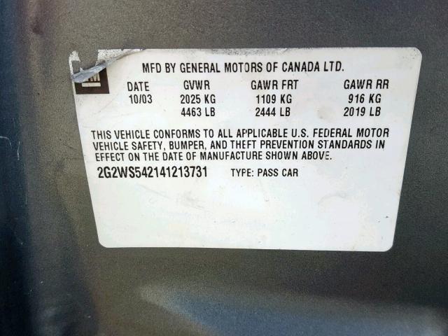 2G2WS542141213731 - 2004 PONTIAC GRAND PRIX GRAY photo 10
