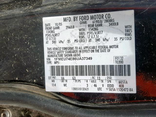 1FMEU74E86UA37349 - 2006 FORD EXPLORER E BLACK photo 10