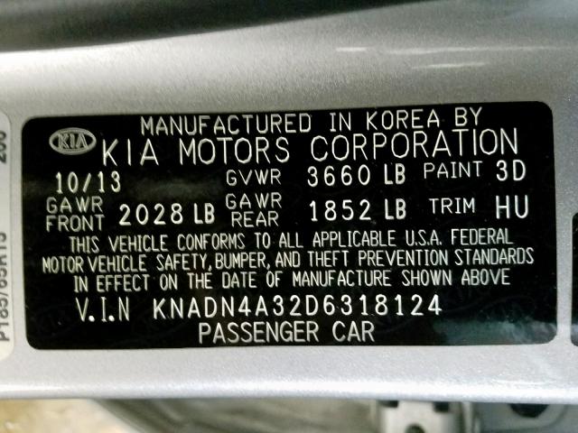 KNADN4A32D6318124 - 2013 KIA RIO EX SILVER photo 10