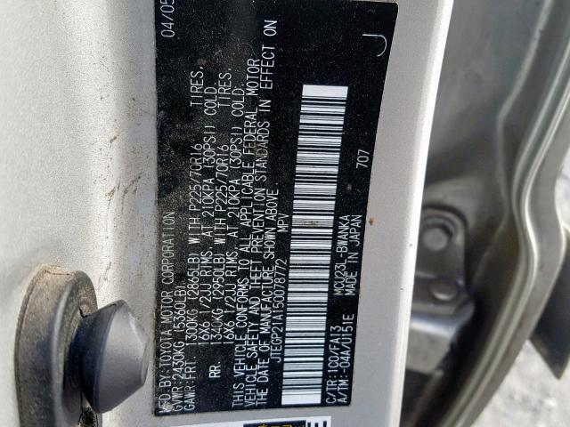 JTEGP21A150078772 - 2005 TOYOTA HIGHLANDER WHITE photo 10