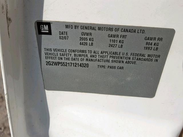 2G2WP552171214320 - 2007 PONTIAC GRAND PRIX WHITE photo 10