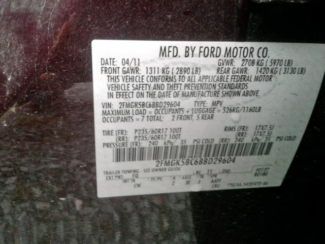 2FMGK5BC6BBD29604 - 2011 FORD FLEX SE MAROON photo 10