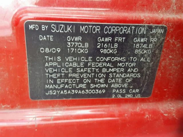 JS2YA5A39A6300369 - 2010 SUZUKI SX4 RED photo 10