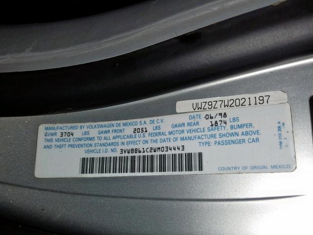 3VWBB61C2WM034443 - 1998 VOLKSWAGEN NEW BEETLE ვერცხლისფერი ფოტო 10