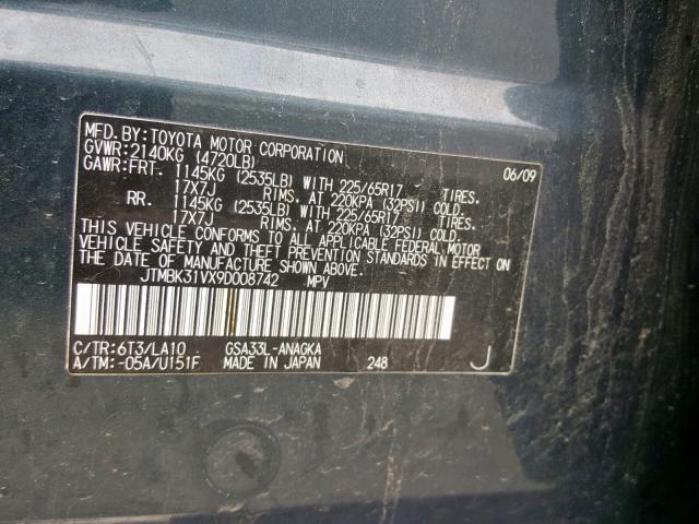 JTMBK31VX9D008742 - 2009 TOYOTA RAV4 LIMIT GRAY photo 10