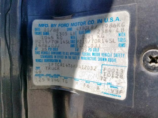 1FTCR14T6KPA12032 - 1989 FORD RANGER SUP GRAY photo 10