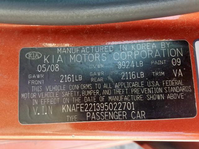 KNAFE221395022701 - 2009 KIA SPECTRA EX ORANGE photo 10