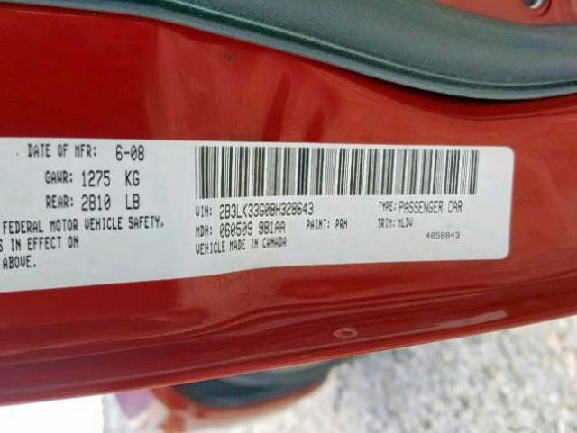 2B3LK33G08H328643 - 2008 DODGE CHARGER SX RED photo 10