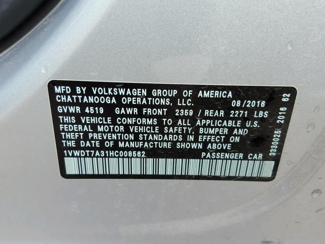 1VWDT7A31HC008562 - 2017 VOLKSWAGEN PASSAT R-L SILVER photo 10