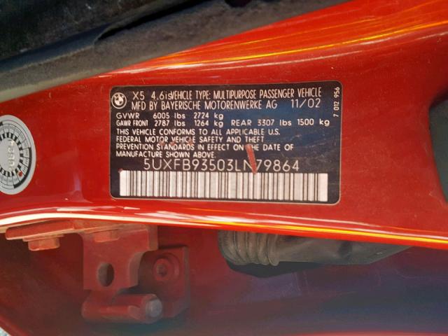 5UXFB93503LN79864 - 2003 BMW X5 4.6IS RED photo 10