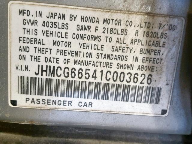 JHMCG66541C003626 - 2001 HONDA ACCORD LX GRAY photo 10