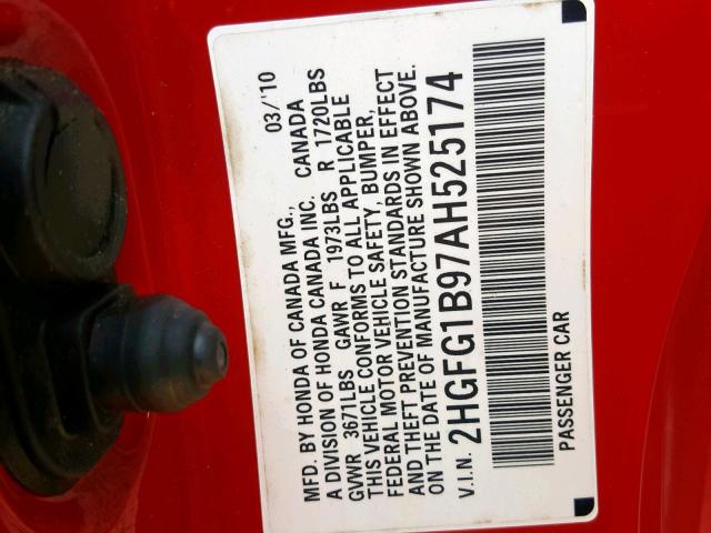 2HGFG1B97AH525174 - 2010 HONDA CIVIC EXL 红色 照片 10