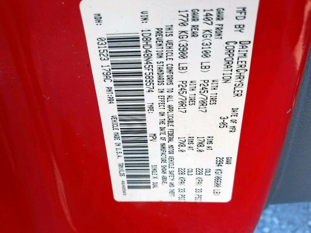 1D8HD48N45F589574 - 2005 DODGE DURANGO SL RED photo 10