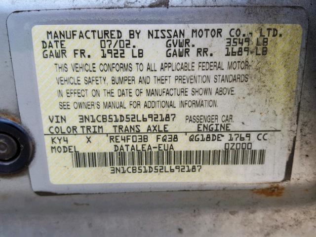 3N1CB51D52L692187 - 2002 NISSAN SENTRA XE SILVER photo 10