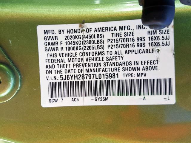 5J6YH28797L015981 - 2007 HONDA ELEMENT EX GREEN photo 10