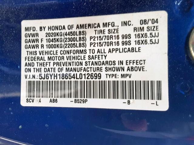 5J6YH18654L012699 - 2004 HONDA ELEMENT EX BLUE photo 10