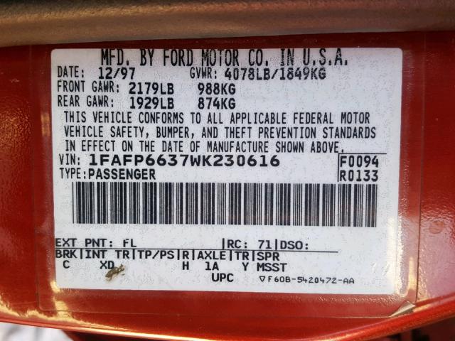 1FAFP6637WK230616 - 1998 FORD CONTOUR LX RED photo 10