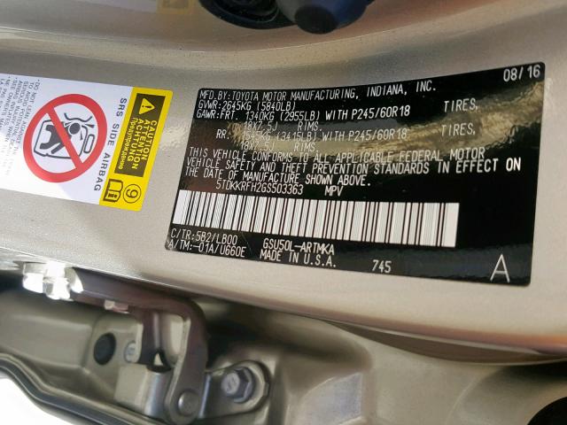 5TDKKRFH2GS503363 - 2016 TOYOTA HIGHLANDER GOLD photo 10