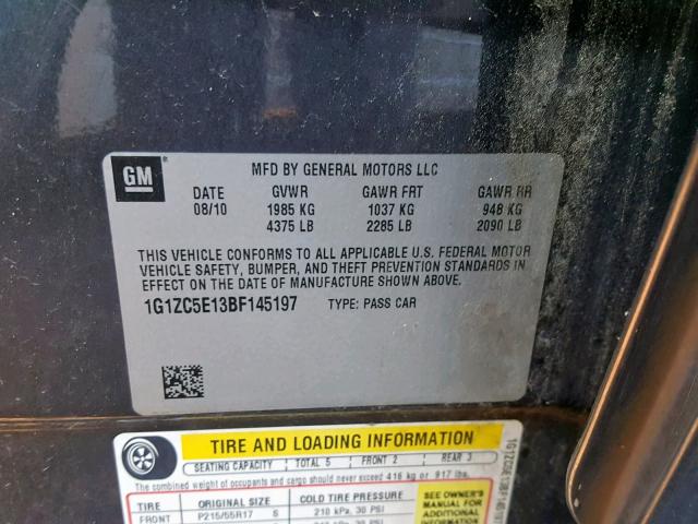 1G1ZC5E13BF145197 - 2011 CHEVROLET MALIBU 1LT 灰色 照片 10