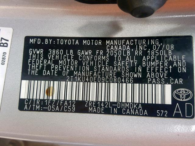 2T1KU40E09C080466 - 2009 TOYOTA COROLLA MA SILVER photo 10