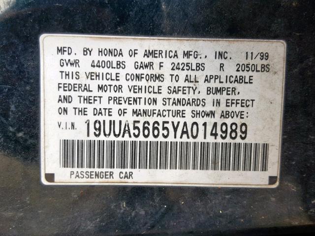 19UUA5665YA014989 - 2000 ACURA 3.2TL GREEN photo 10