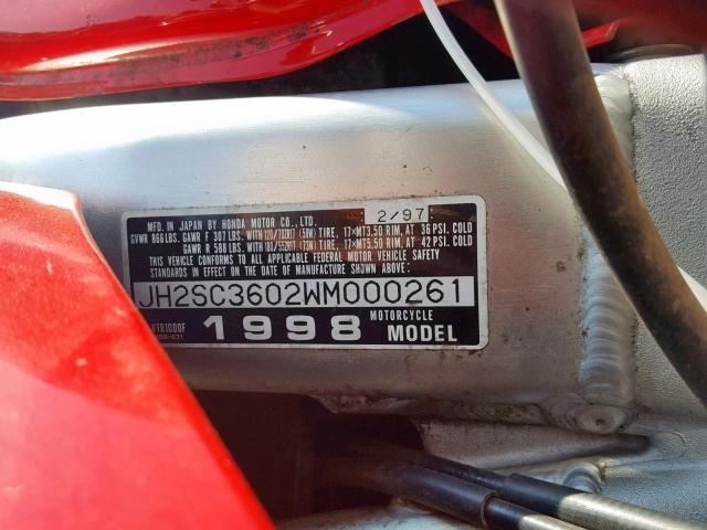 JH2SC3602WM000261 - 1998 HONDA VTR1000 F RED photo 10