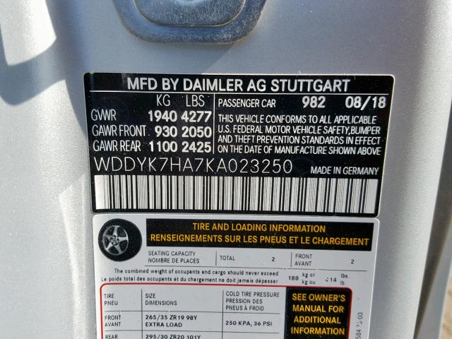 WDDYK7HA7KA023250 - 2019 MERCEDES-BENZ AMG GT SILVER photo 10