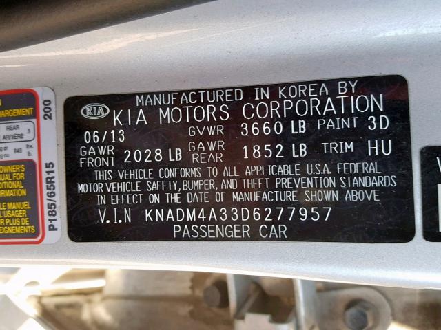 KNADM4A33D6277957 - 2013 KIA RIO LX SILVER photo 10